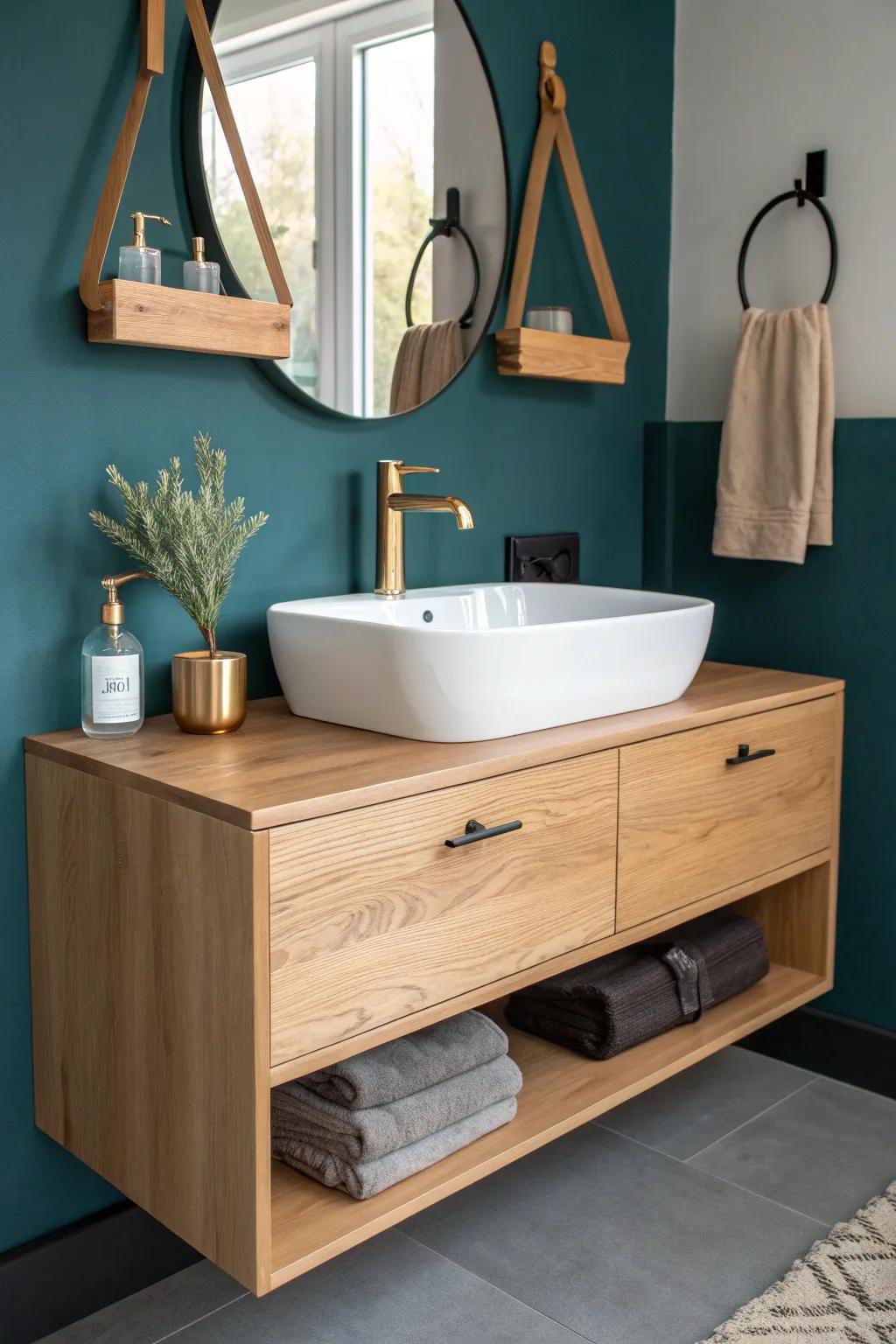 Suspended oak vanity with leather strap supports—Scandi minimalism with a bold, airy twist.