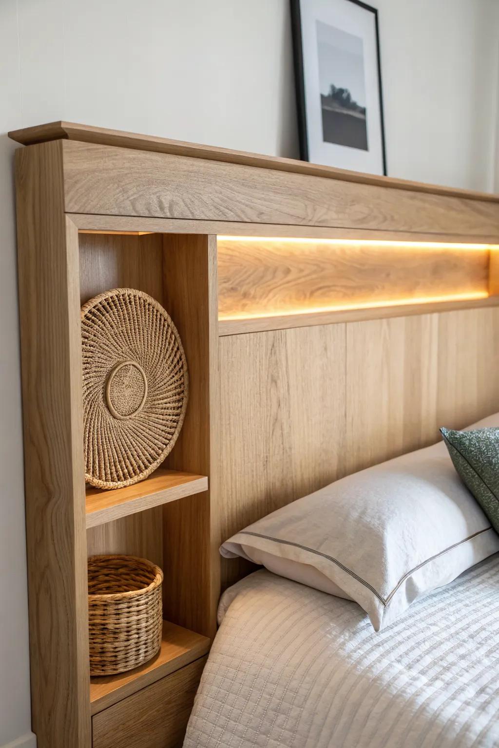 Backlit shadow-box headboard in oak—hidden LED glow for a boutique-hotel vibe at home.