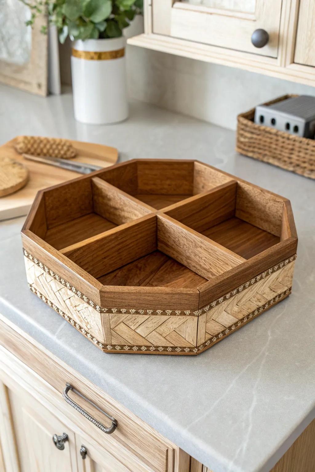 Scrap-wood hexagon spinner that tucks into upper corner cabinets—pretty, practical, and smooth.