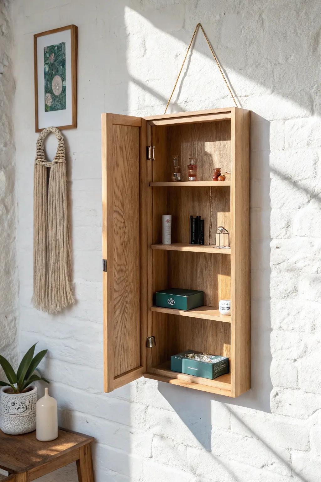 A hinged art panel that swings open to hidden vertical shelves—stylish storage nobody expects.