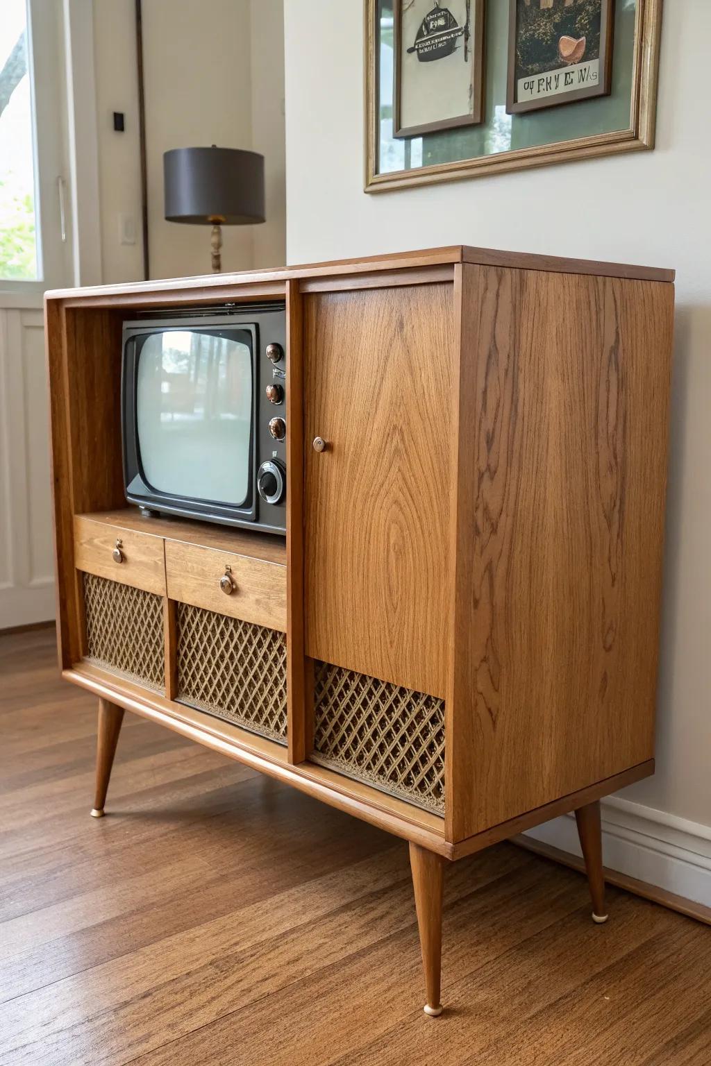 Old radio cabinet, new life—this vintage TV stand adds warmth, craft, and nostalgia.