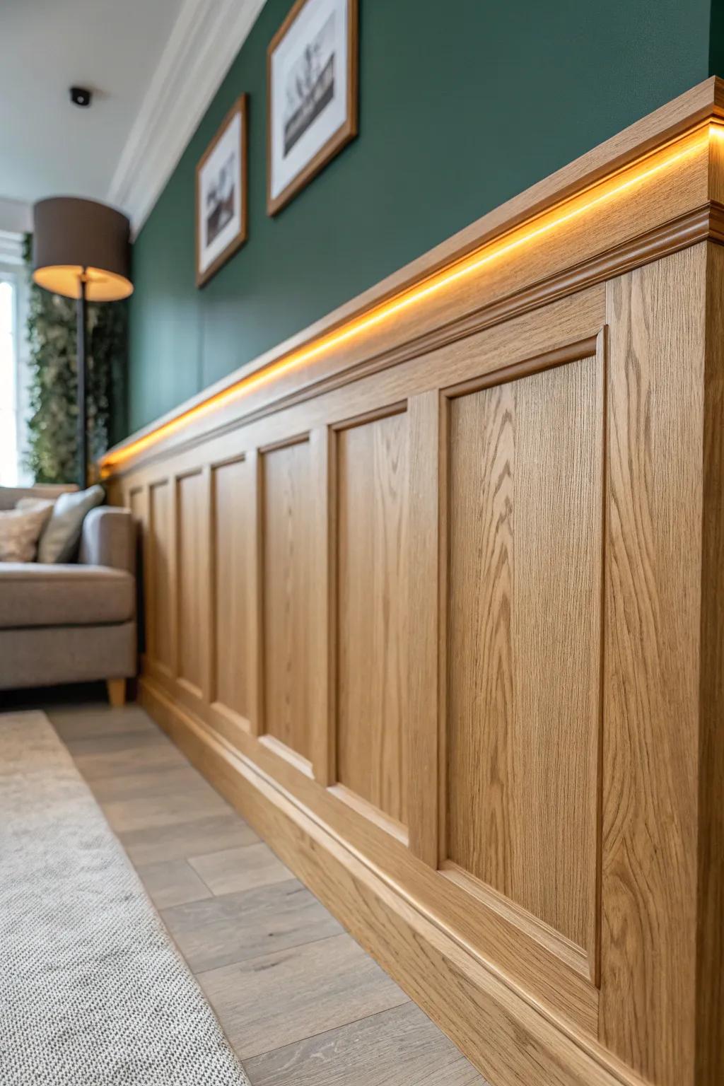 Backlit wainscoting adds a warm halo that makes small living-room walls feel deeper and luxe.