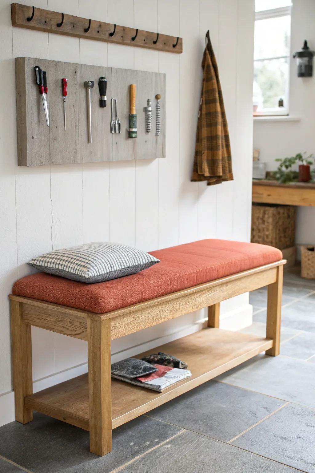 A cozy floating oak bench under a magnetic tool strip—minimal, practical, and beautifully bold.