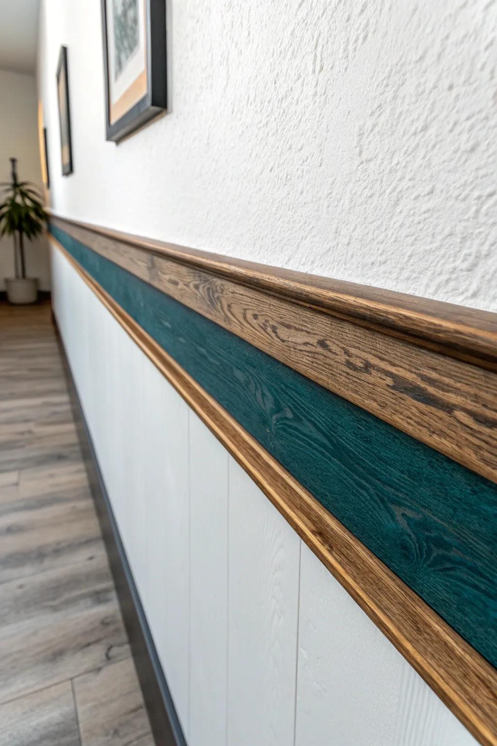 Charred oak border trim with a teal resin inlay—minimalist, tactile, and instantly dramatic.