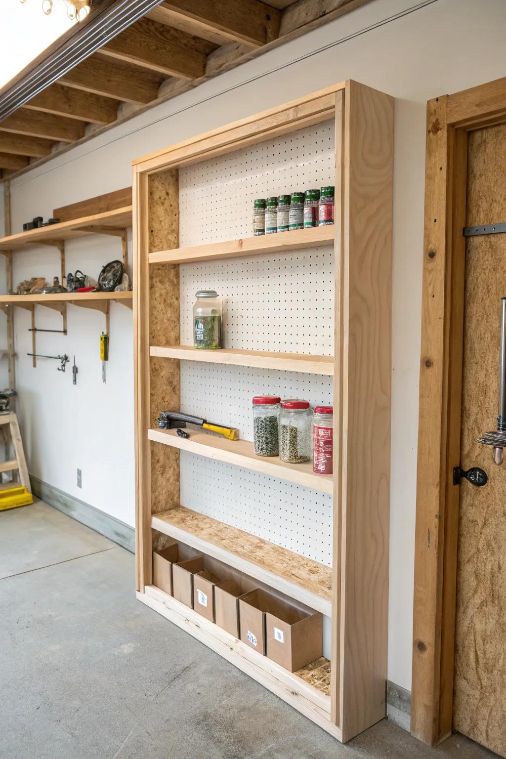Between-stud recessed shelves: hidden storage with a clean, crafted look and bold contrast.
