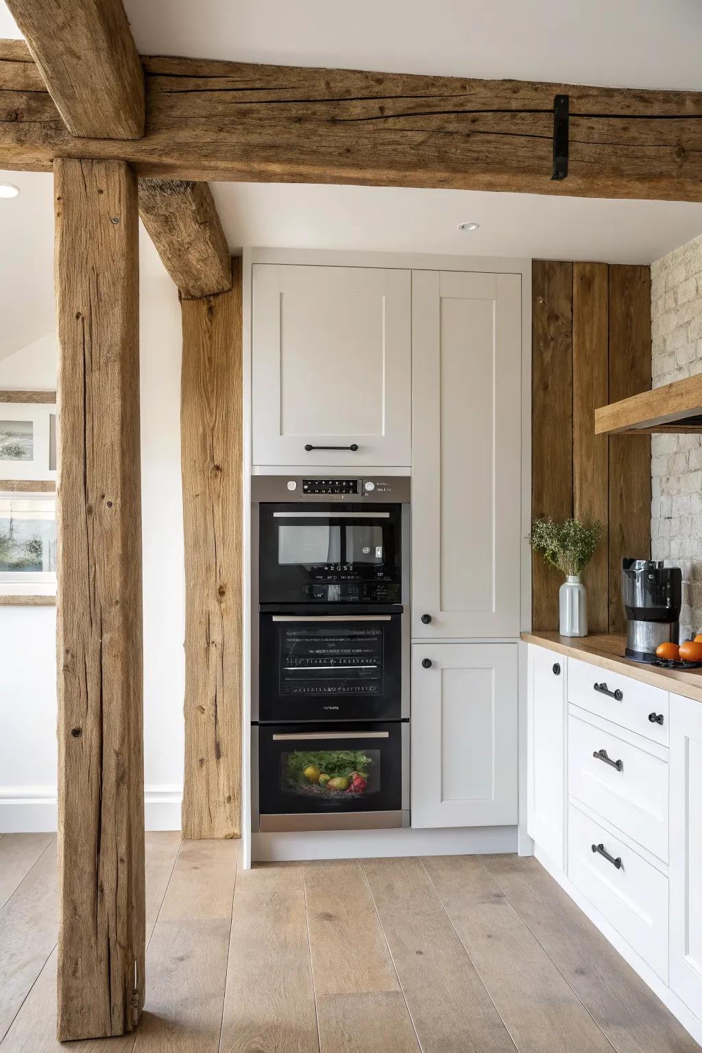 Chunky reclaimed-wood “hearth” trim makes a wall oven cabinet the bold centerpiece.