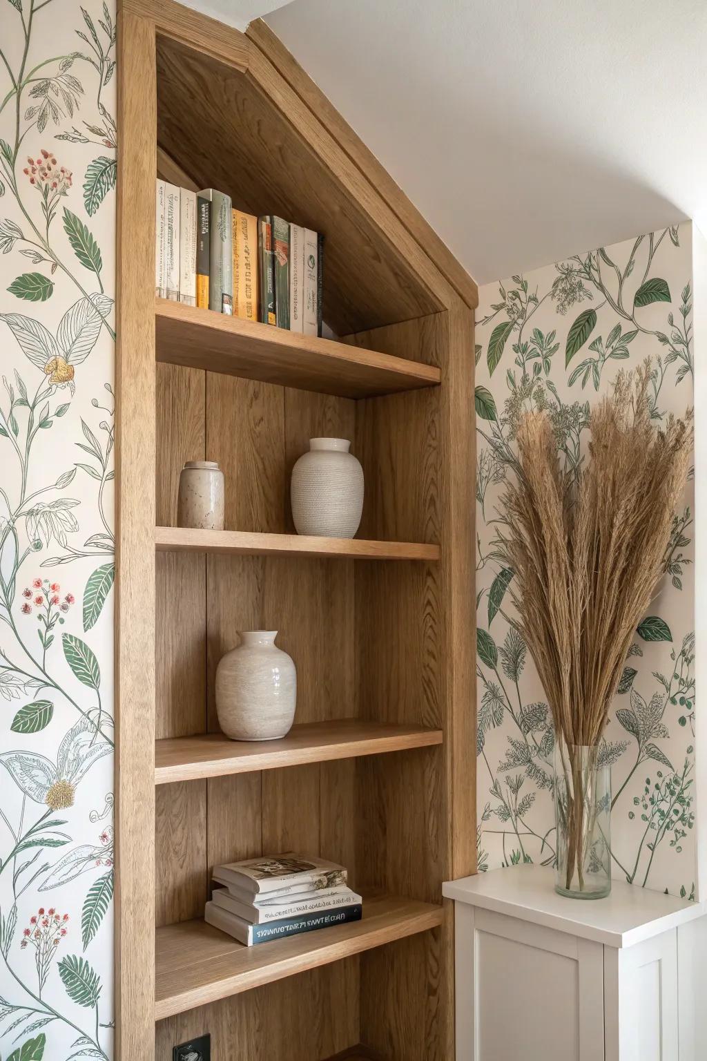 Ceiling-to-shelf wallpaper wrap turns a simple wood nook into a bold, built-in wow moment.