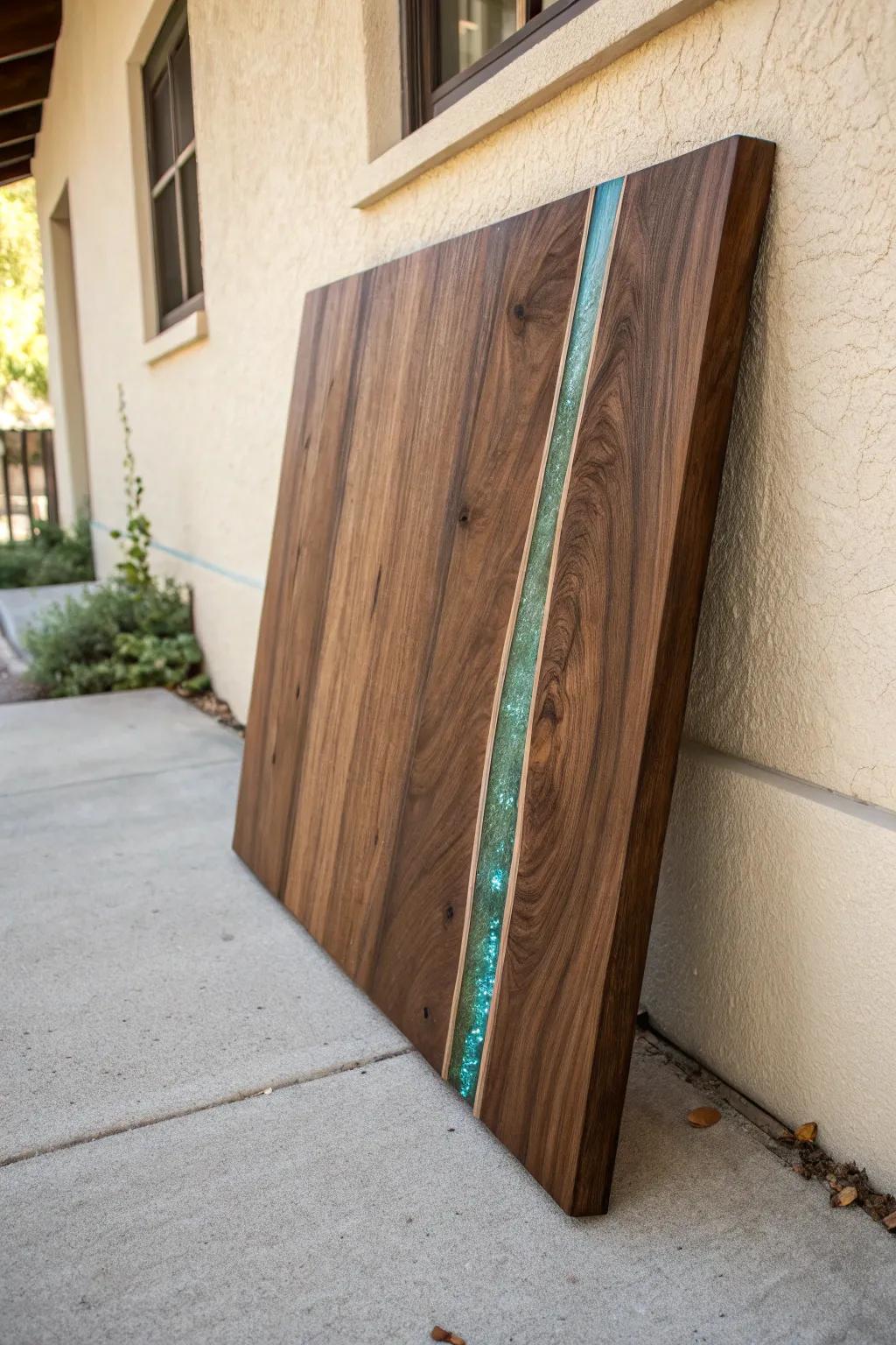 Walnut headboard with a sleek teal resin “river” inlay—minimal, warm, and striking.