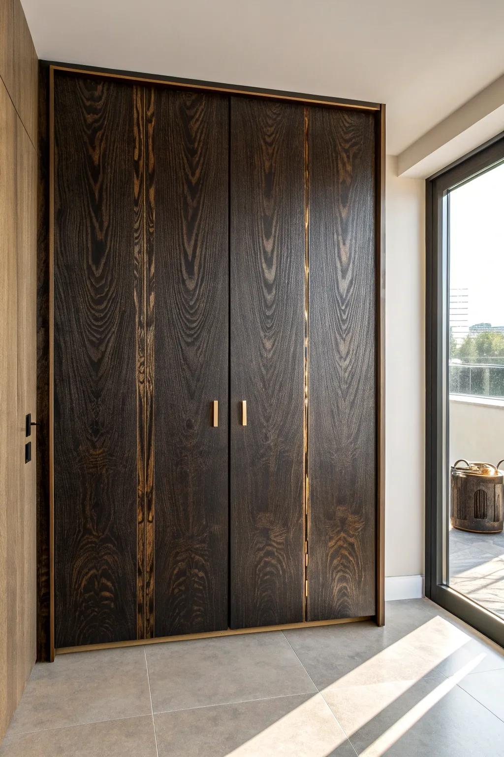 Charred wood wardrobe door: dramatic black finish with brushed grain for modern Nordic flair.