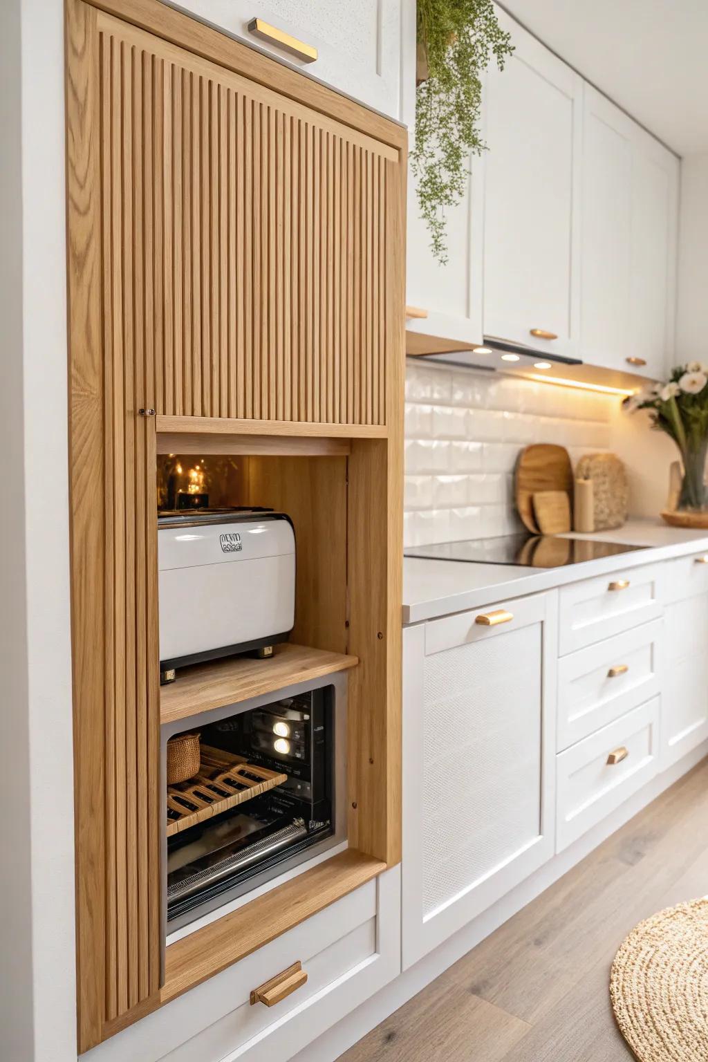 Warm white kitchen, zero clutter—hide appliances behind a handcrafted oak tambour door.