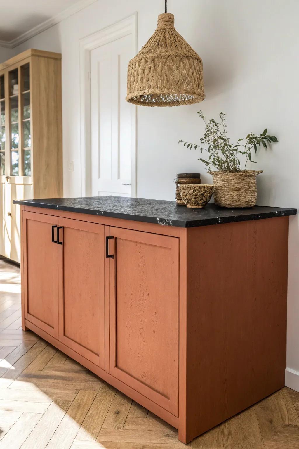 Terracotta clay cabinets meet black granite—sunset warmth framed in bold, minimal contrast.
