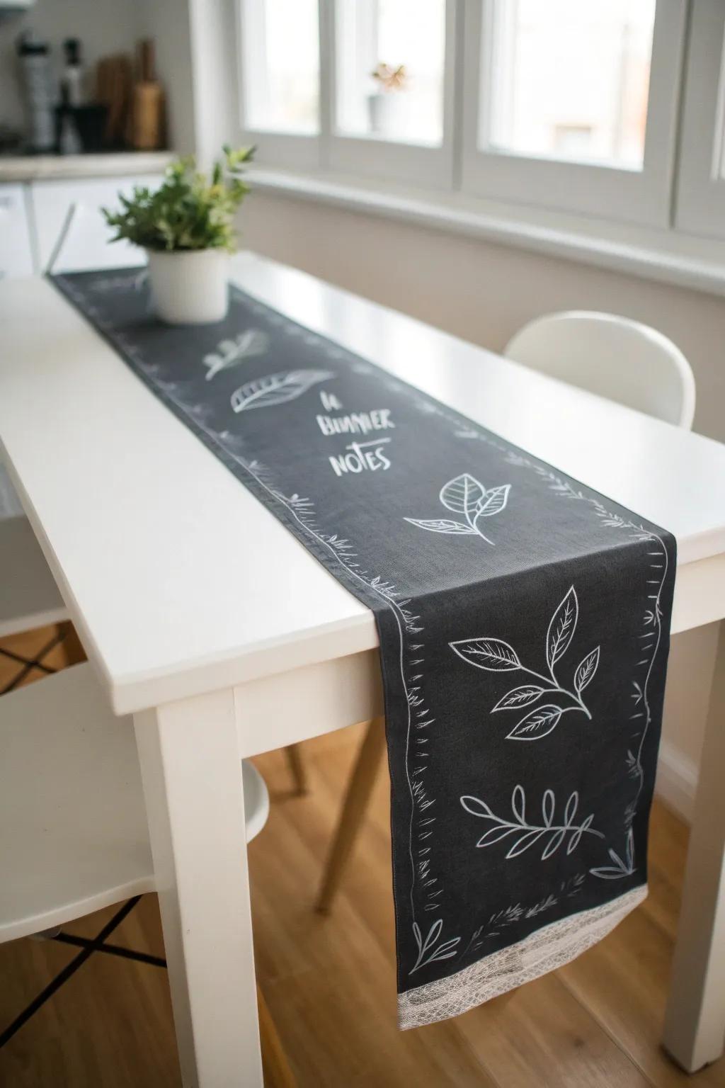A chalkboard runner on a white table—write the menu, doodle greenery, and leave notes.