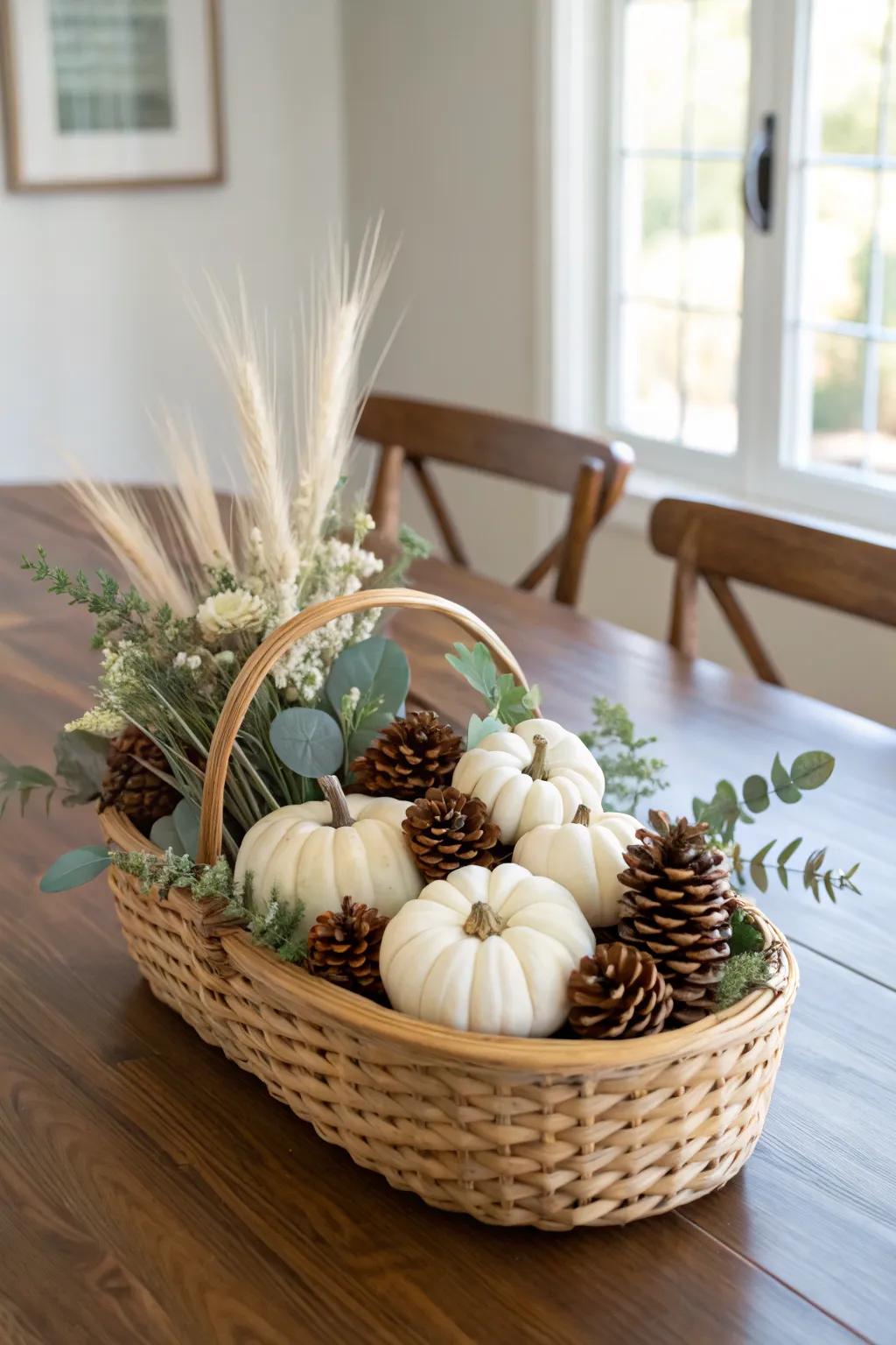 Seasonal swap-in wicker basket centerpiece: mini pumpkins + dried florals on warm wood.