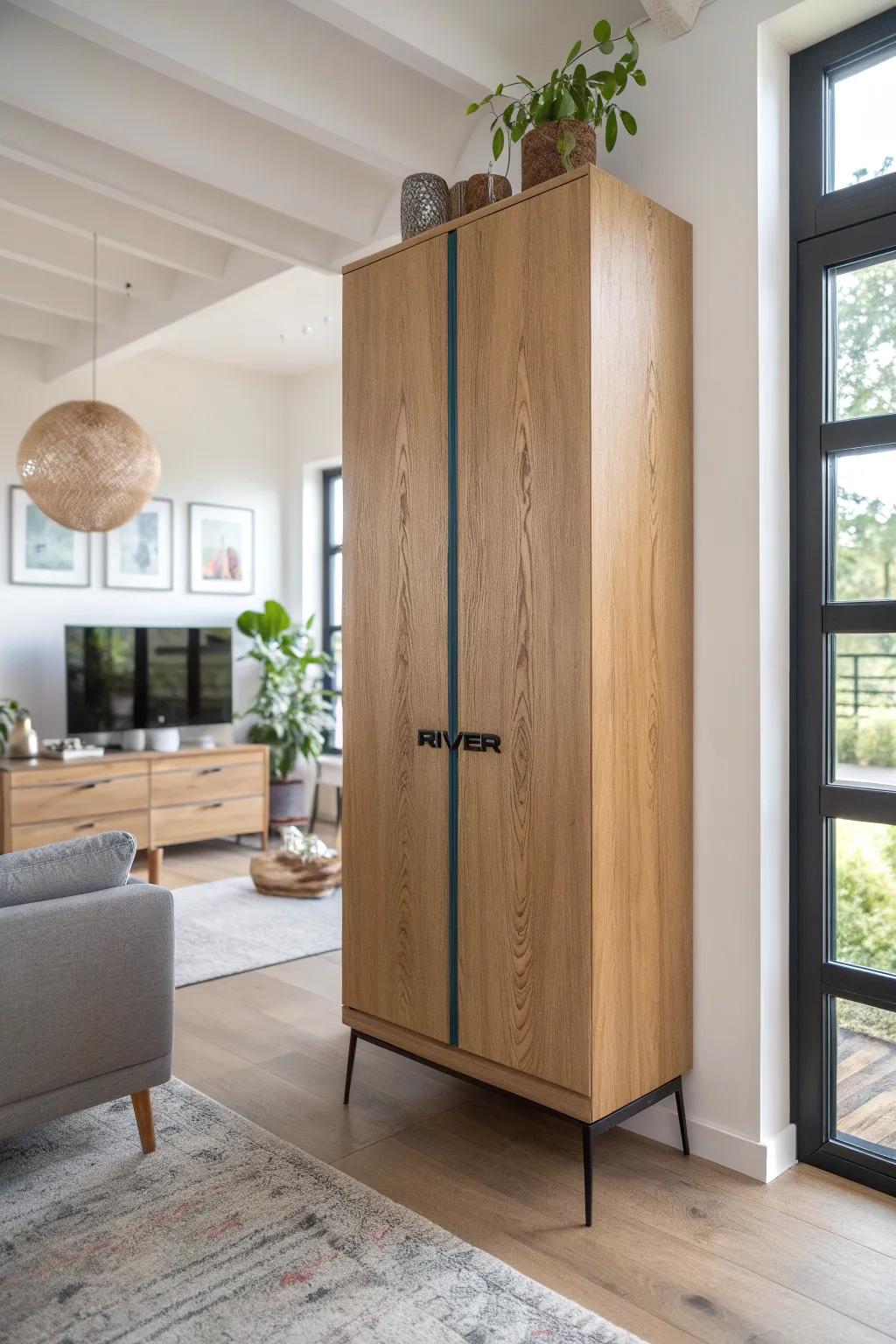 Oak and teal resin “river” doors—this statement wine cabinet turns craftsmanship into art.