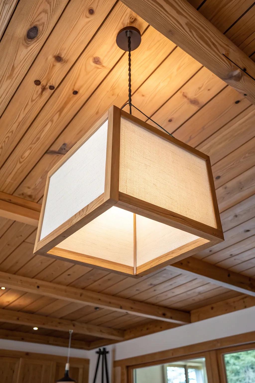 A suspended oak frame with a linen diffuser turns your wood ceiling into a cozy lantern glow.