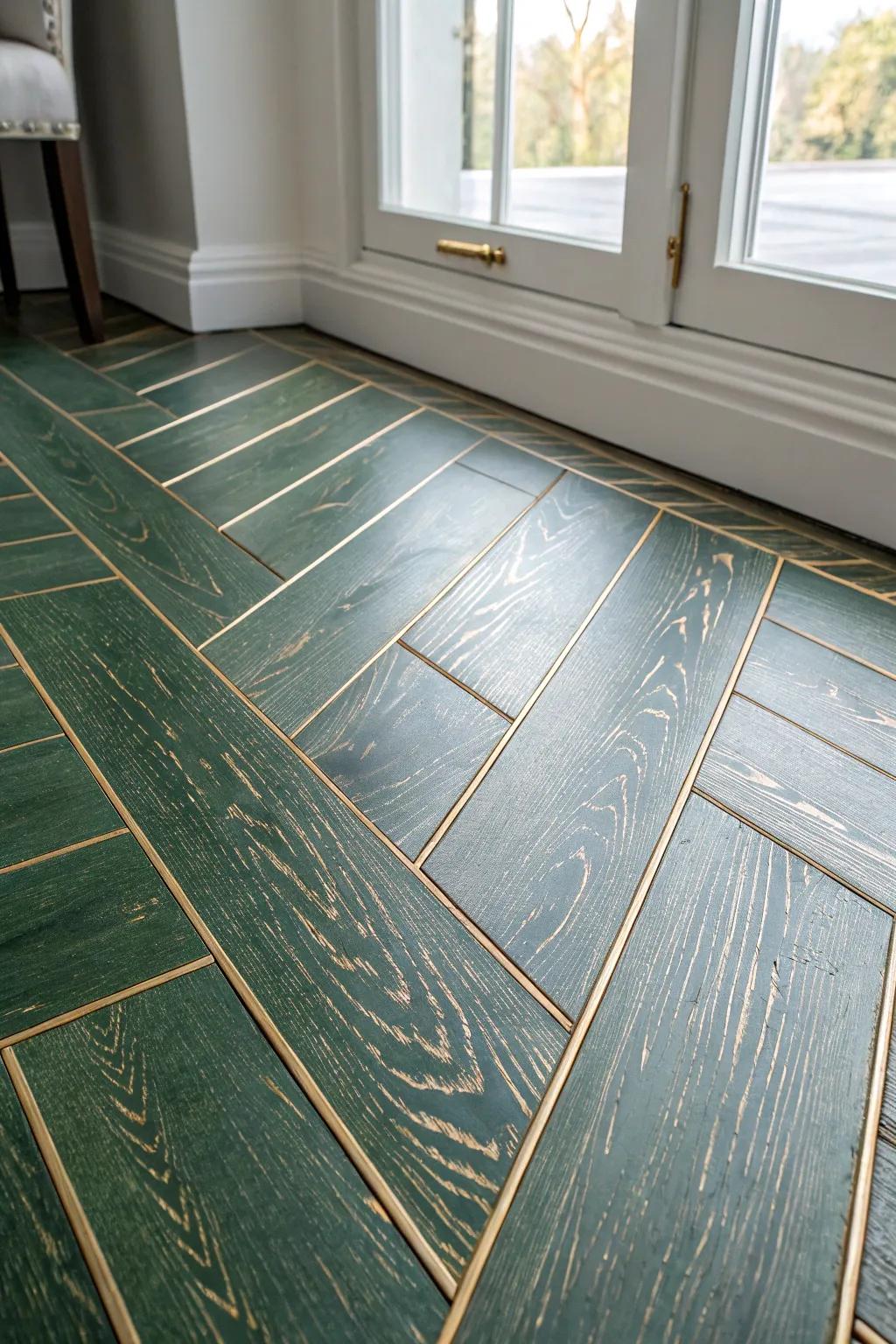 Forest-green painted wood floor with delicate gold kintsugi cracks—bold, minimal, unforgettable.