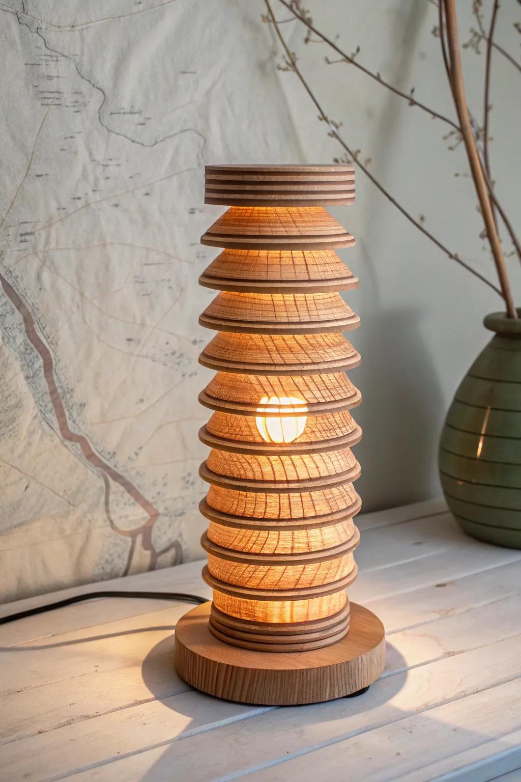 Topographic wood lamp layers cast dreamy map-like shadows—minimalist craft with bold glow.