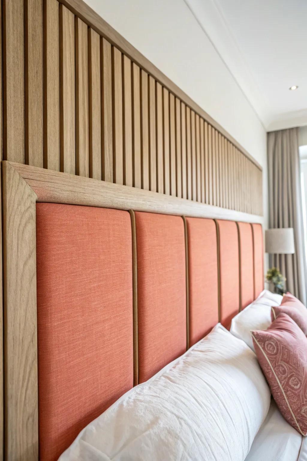 Cozy headboard wall: oak slats with blush linen insets for a custom cushioned look.