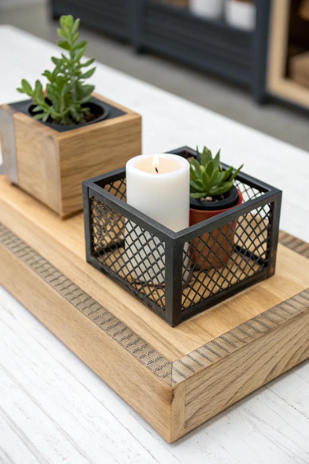 Industrial-chic wood riser wrapped in black mesh—minimal, bold contrast, and easy to style.