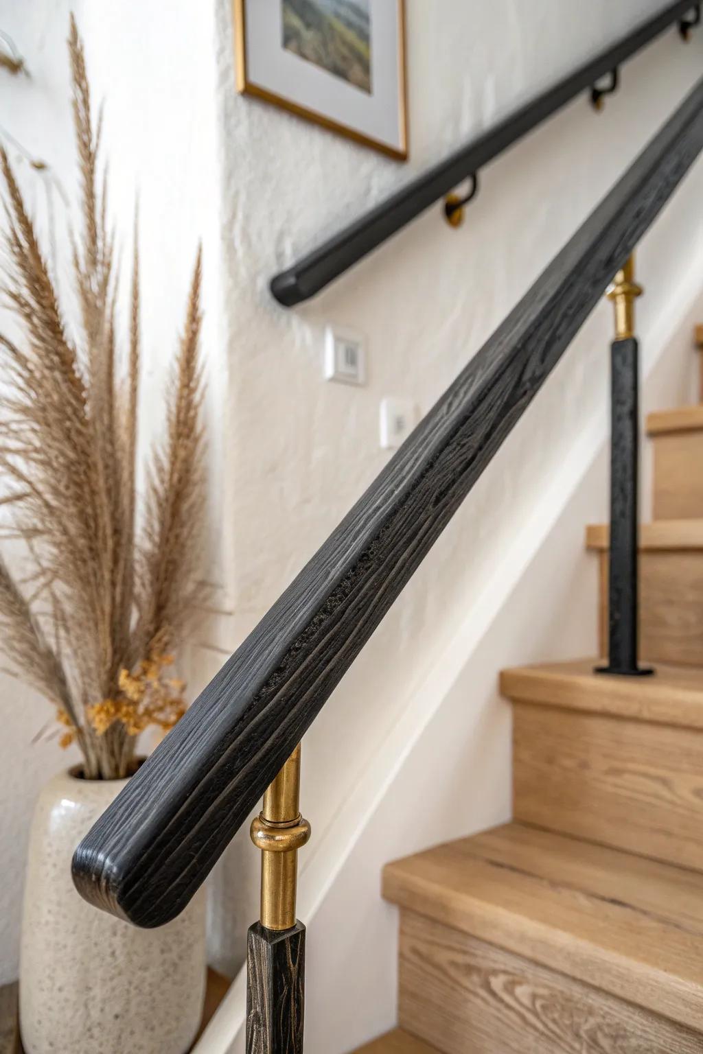Charred wood handrail with matte-black texture—moody, modern contrast for minimalist stairs.