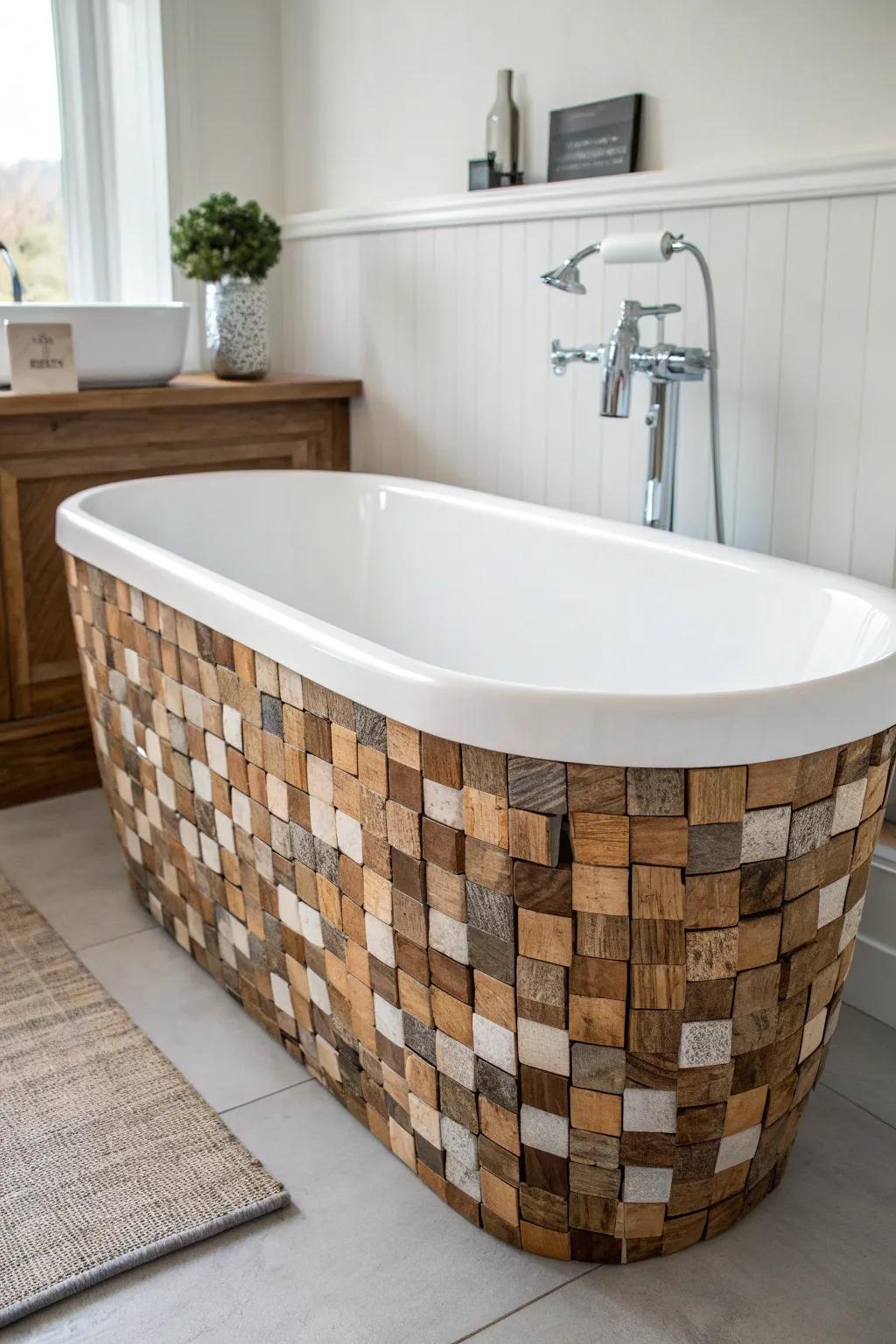 Scrap-wood quilt, sealed to shine—this reclaimed mosaic tub apron turns leftovers into art.