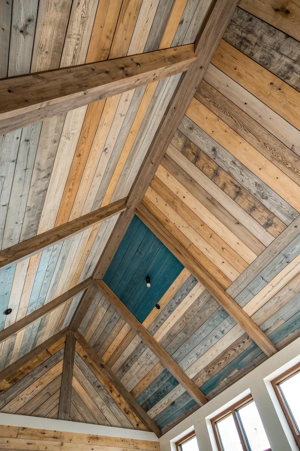 Patchwork pallet-plank vault: curated tones, bold contrast, and cozy upcycled texture.