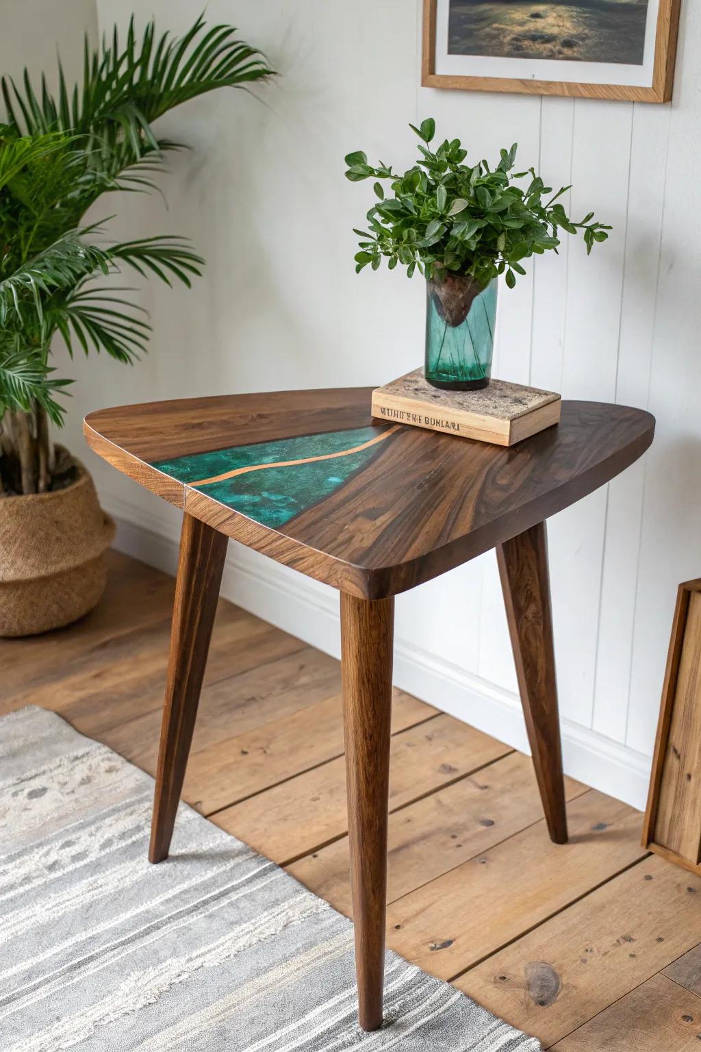 A bold teal resin “river” turns this dark walnut corner table into a statement art piece.
