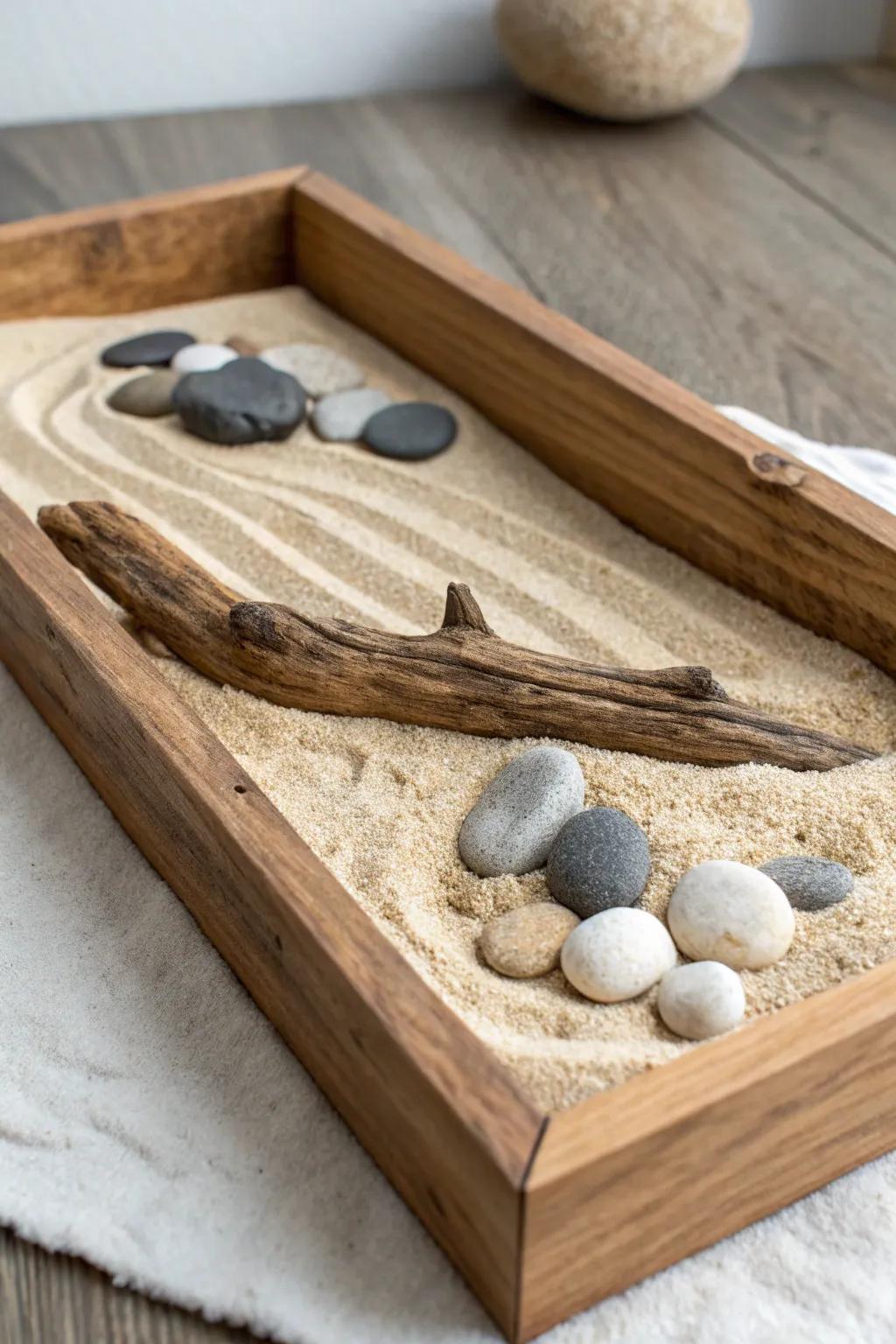 A tiny shoreline in a wooden tray—sand, driftwood, and stones for tactile minimalist decor.