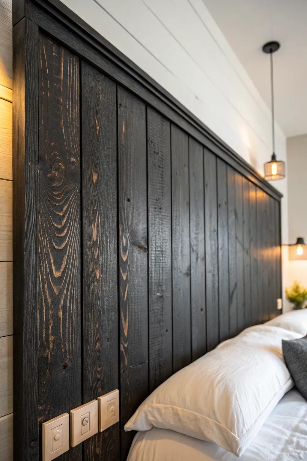 Charred wood panels add a bold cabin vibe—pair with light linens for instant contrast.