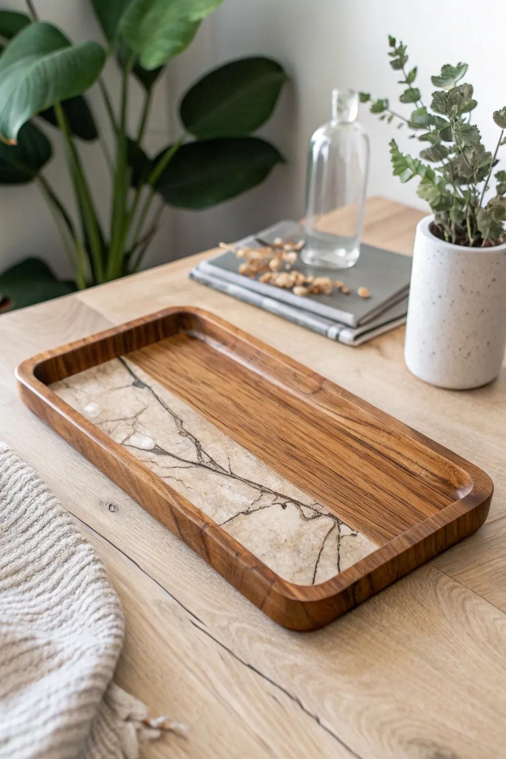 Walnut catch-all tray with crystal-clear resin fills—natural cracks turned into art.
