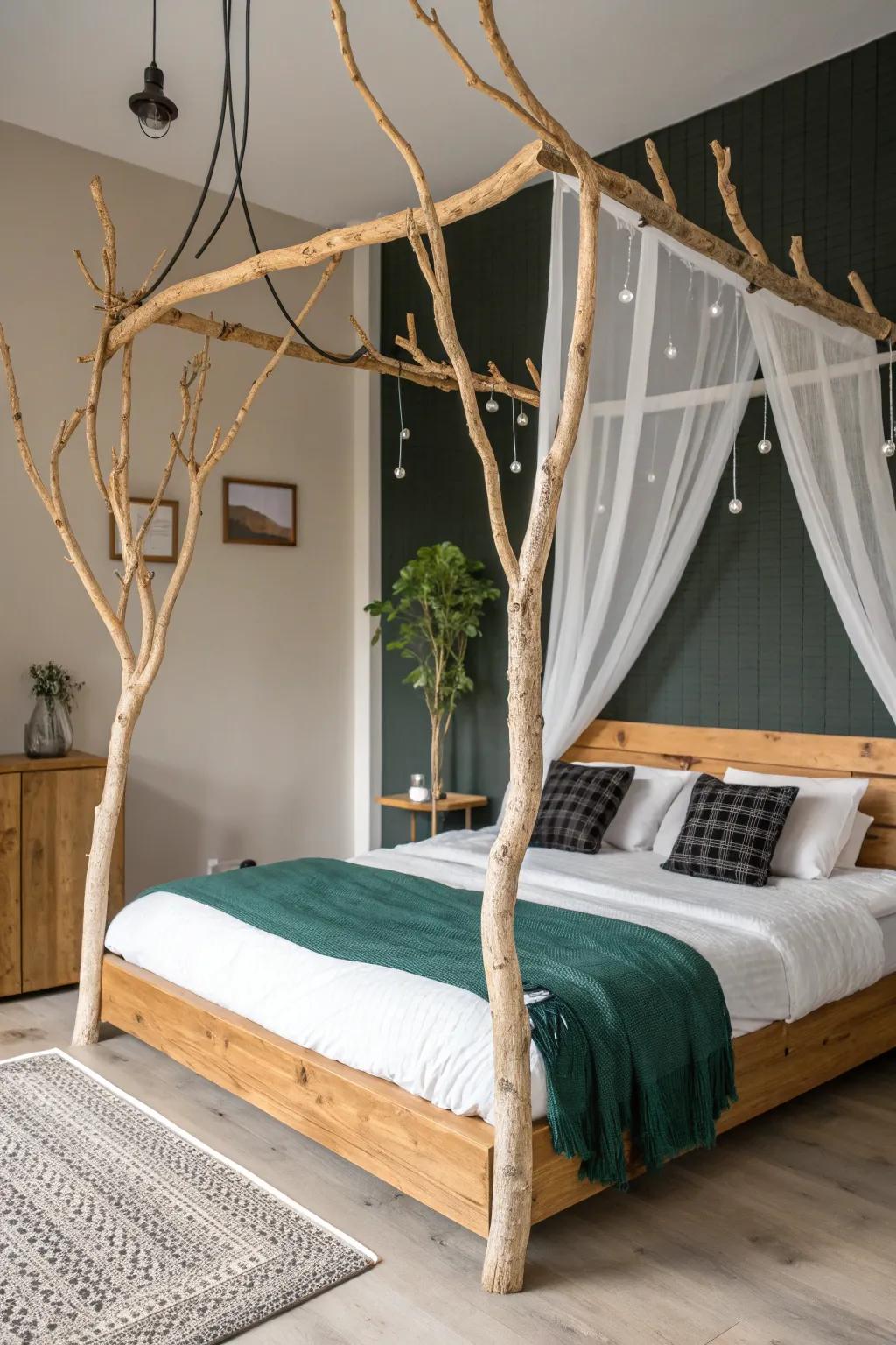 Sleep under treetops: a handcrafted branch canopy that turns a simple bed into woodland calm.