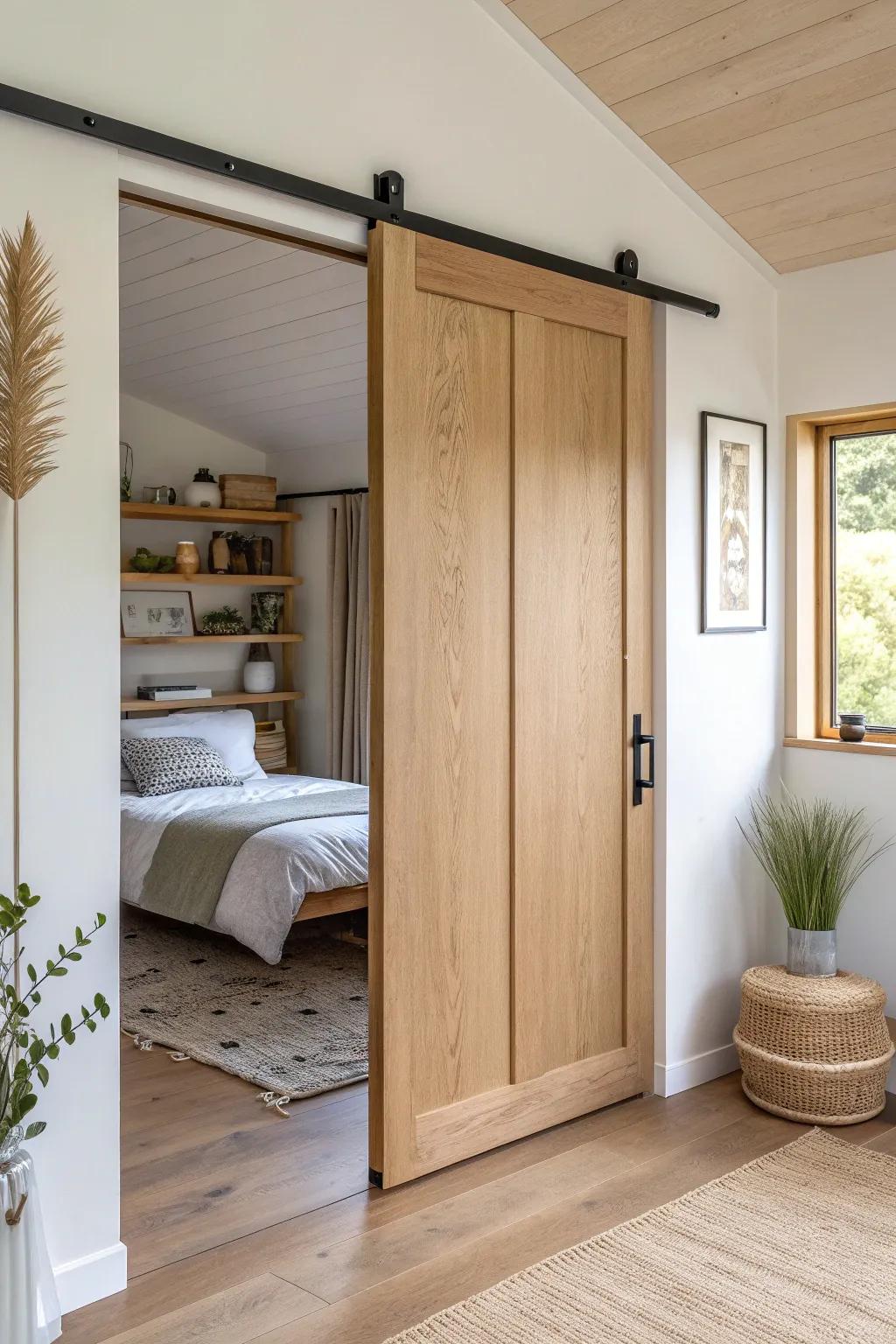 Main-floor bedroom privacy: a space-saving oak pocket door with seamless built-ins in a 12x32.