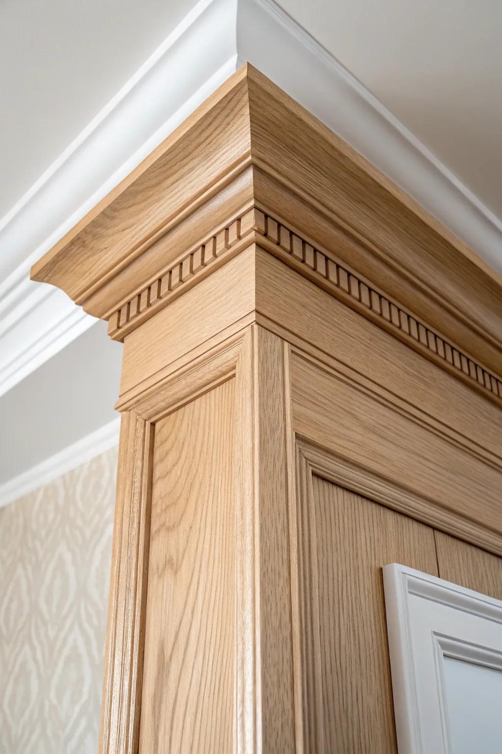 Tall frieze + crown + slim trim: a 3‑piece stack that instantly makes ceilings feel higher.