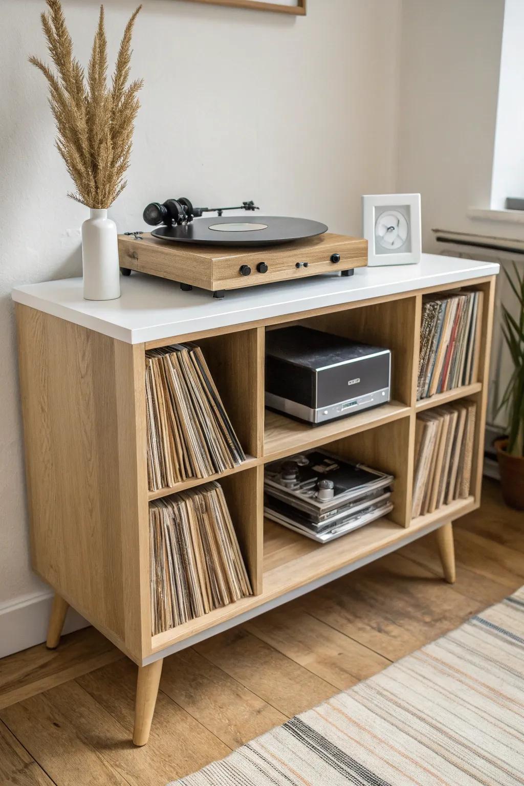 Low record console with turntable top—clean, crafted storage that makes vinyl feel intentional.