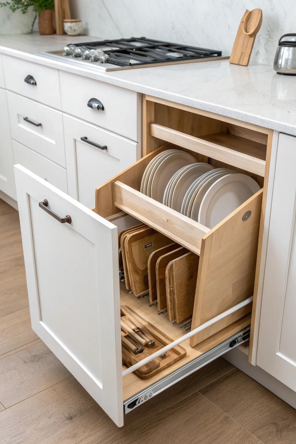A 9-inch pull-out with notched tray dividers keeps baking sheets upright and easy to grab.