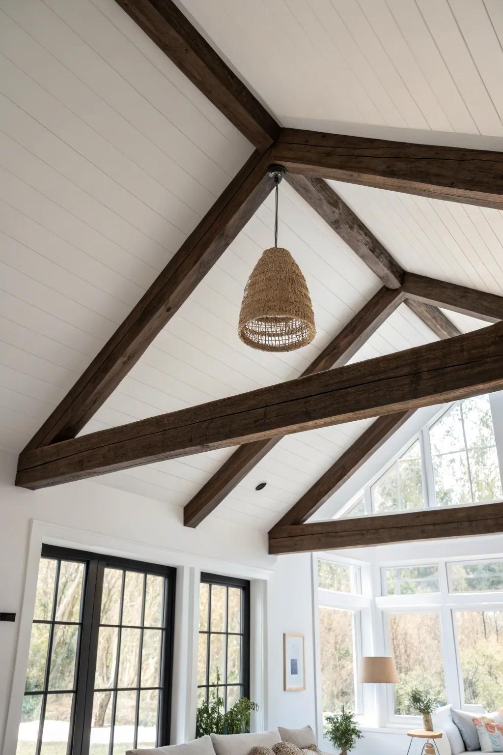 Dark-stained beams on a bright white A-frame ceiling for dramatic, timeless contrast.