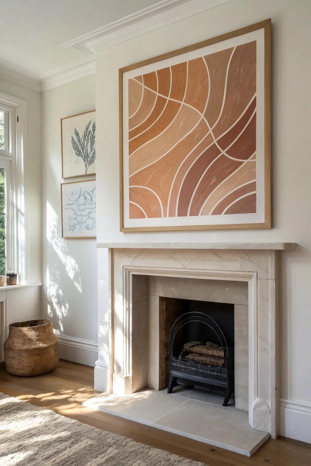 One oversized oak-framed artwork above the fireplace for a clean, high-contrast statement.