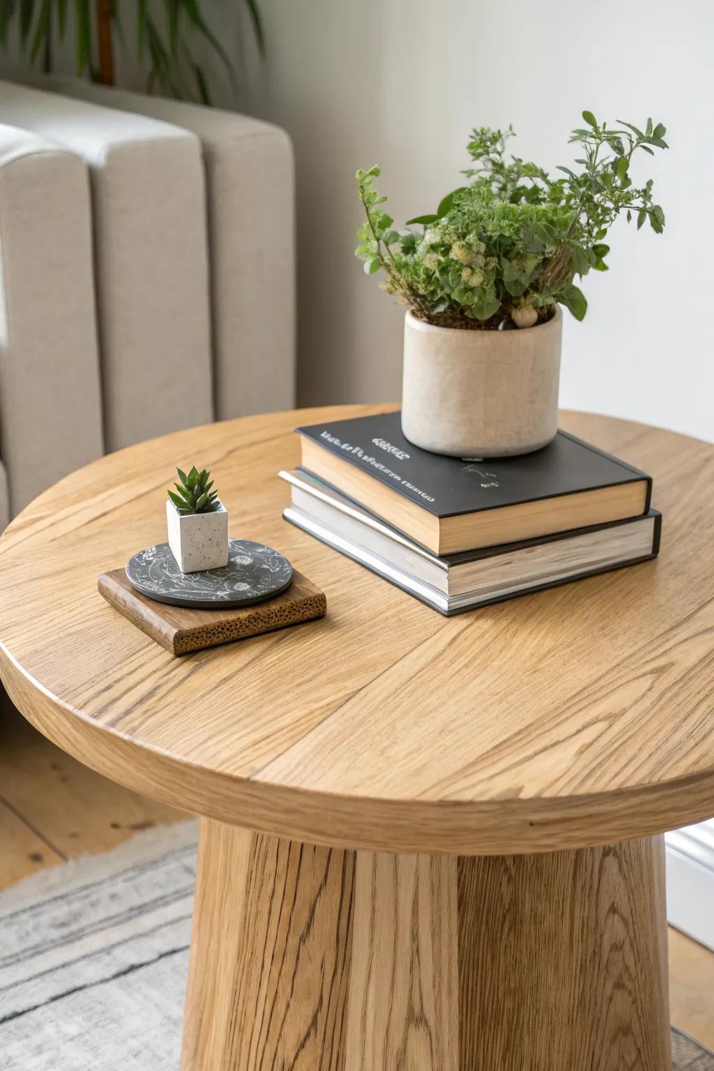 Classic round side table with stacked books, cozy plant, and a coaster—simple, usable charm.