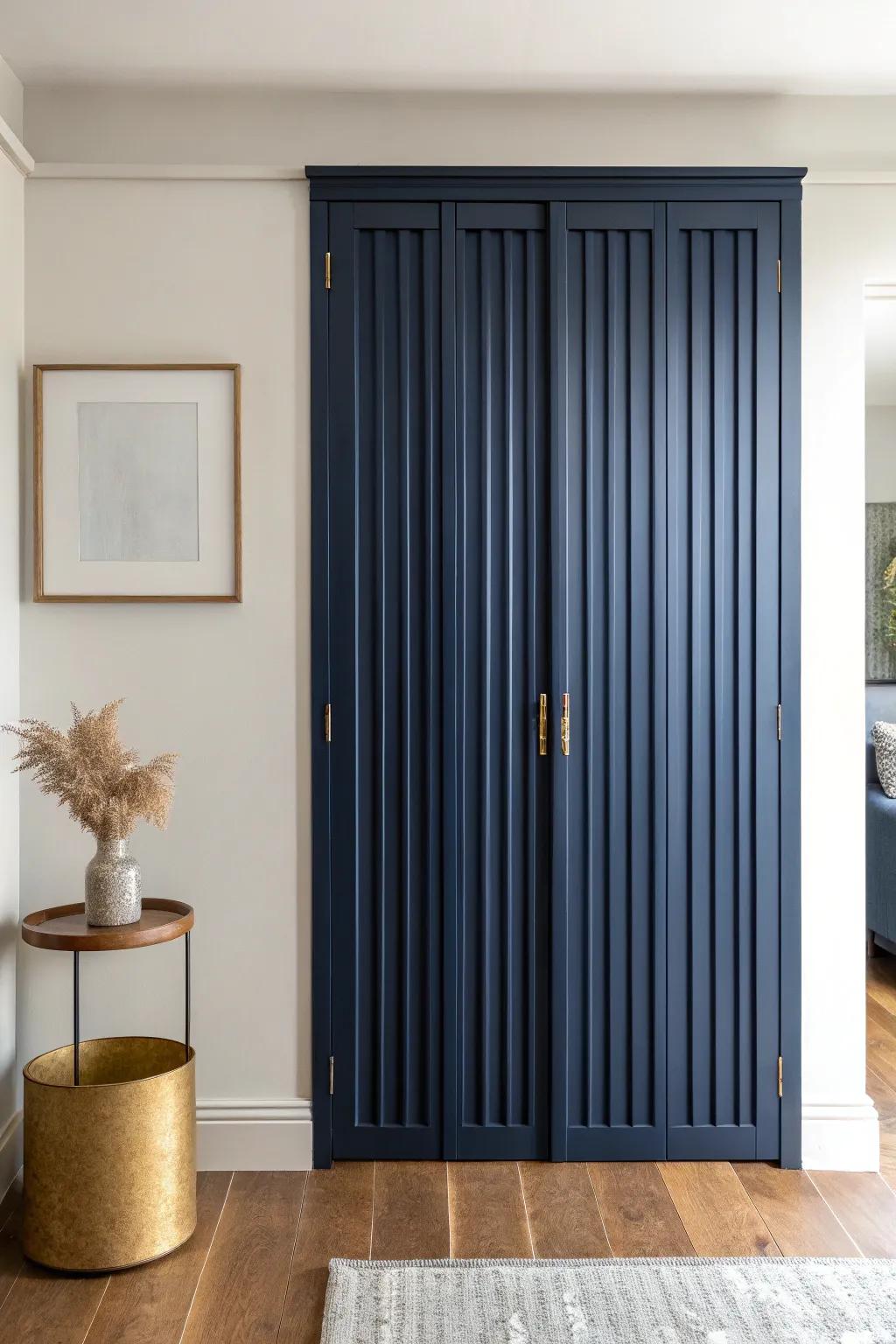 Moody inky navy turns a simple accordion door into a dramatic, crafted statement wall.