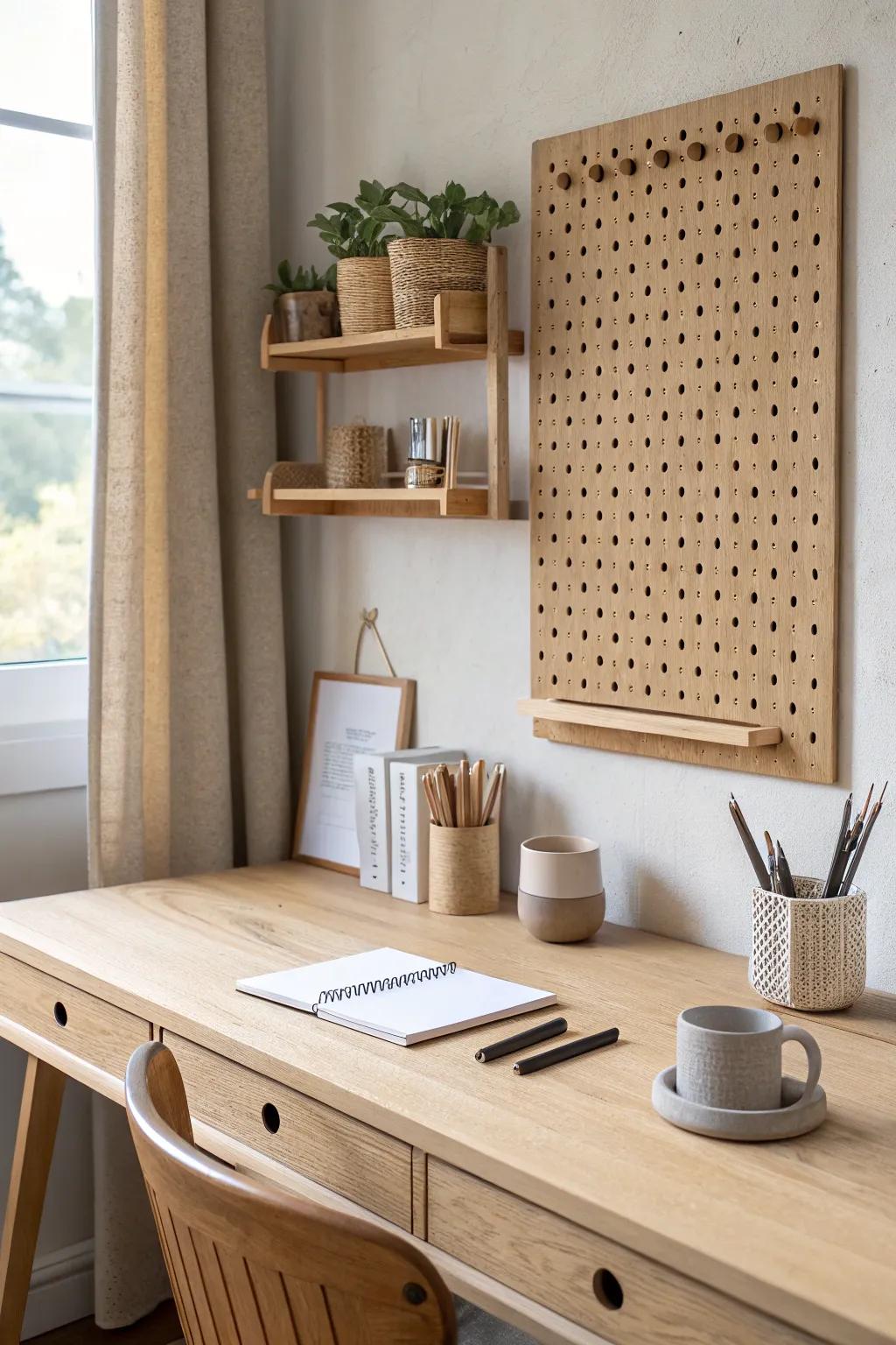 Warm birch pegboard styling: matte finish, simple wood pegs, calm Scandinavian desk vibes.