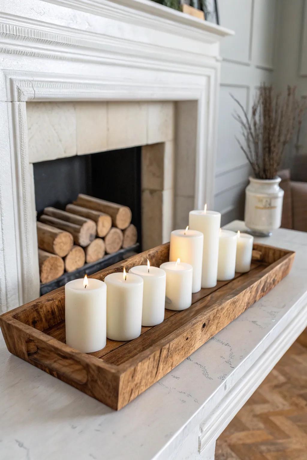 Winter-white pillar candles on a handmade wood tray—soft glow, warm grain, no holiday vibe.