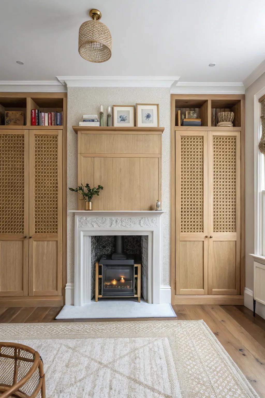 Twin alcove wardrobes in warm oak frame the chimney breast for timeless, calming symmetry.