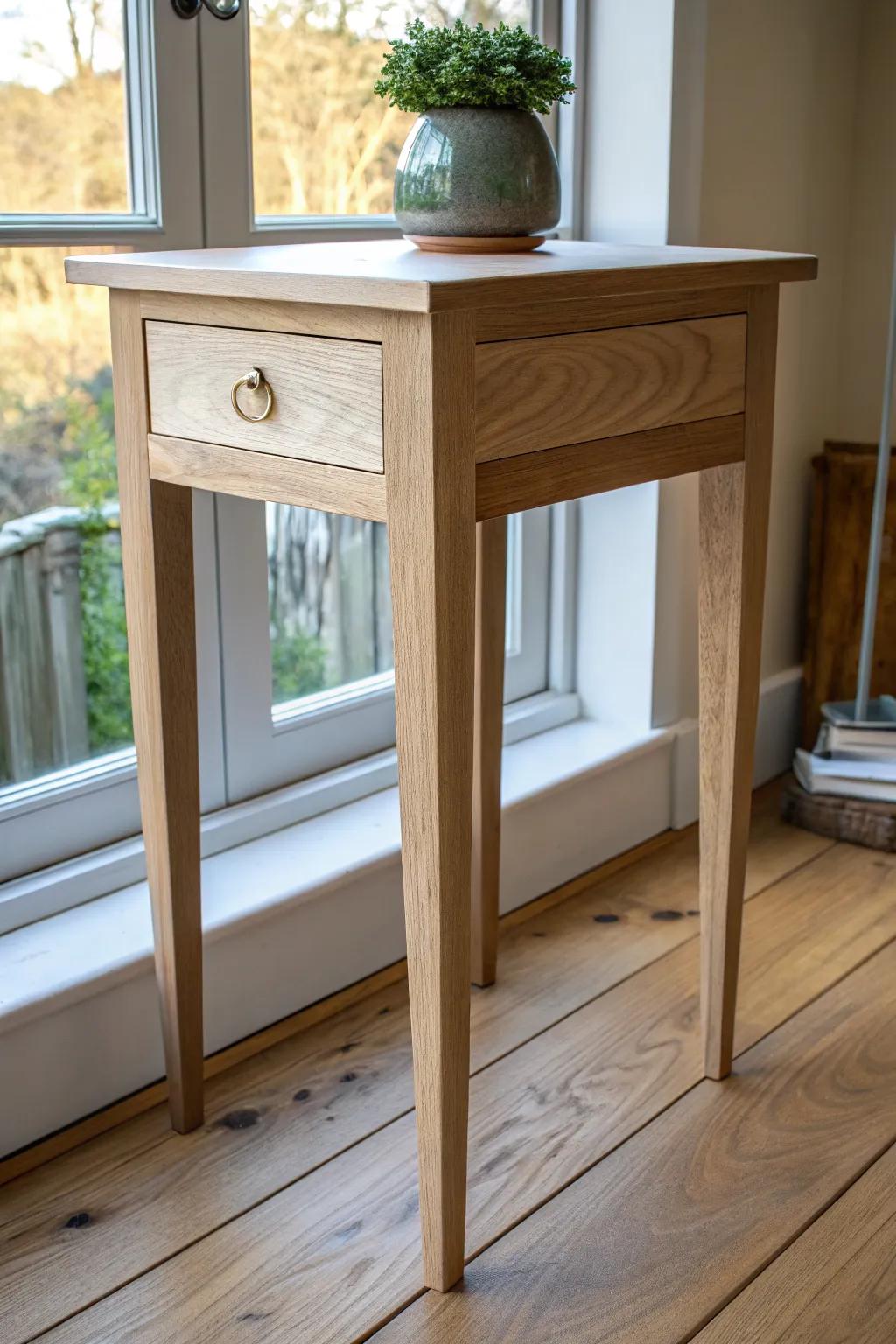 A compact altar side table with a discreet drawer—keep daily ritual essentials close, yet calm.