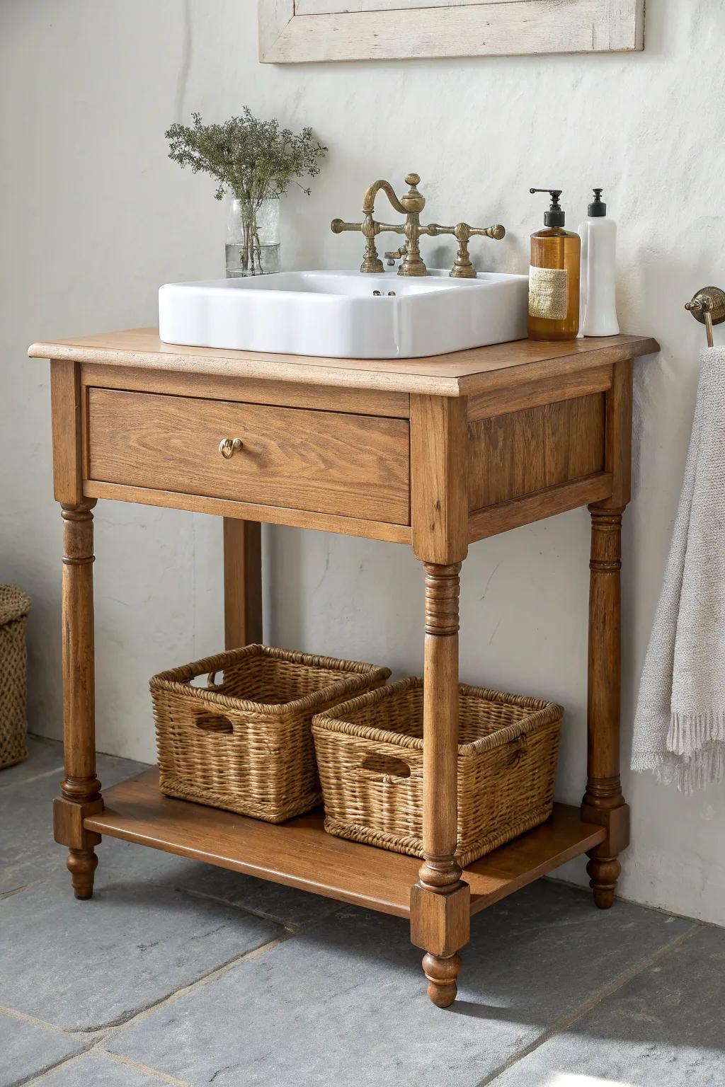 An antique washstand vanity with turned legs and baskets below for an airy, light look.