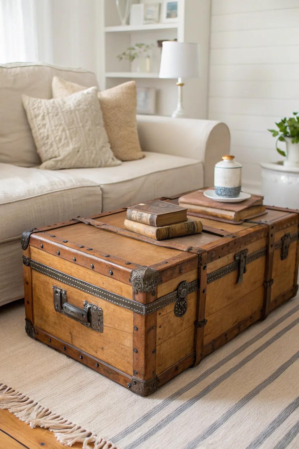 Vintage steamer trunk coffee table—styled with old books and a simple crock for effortless charm.