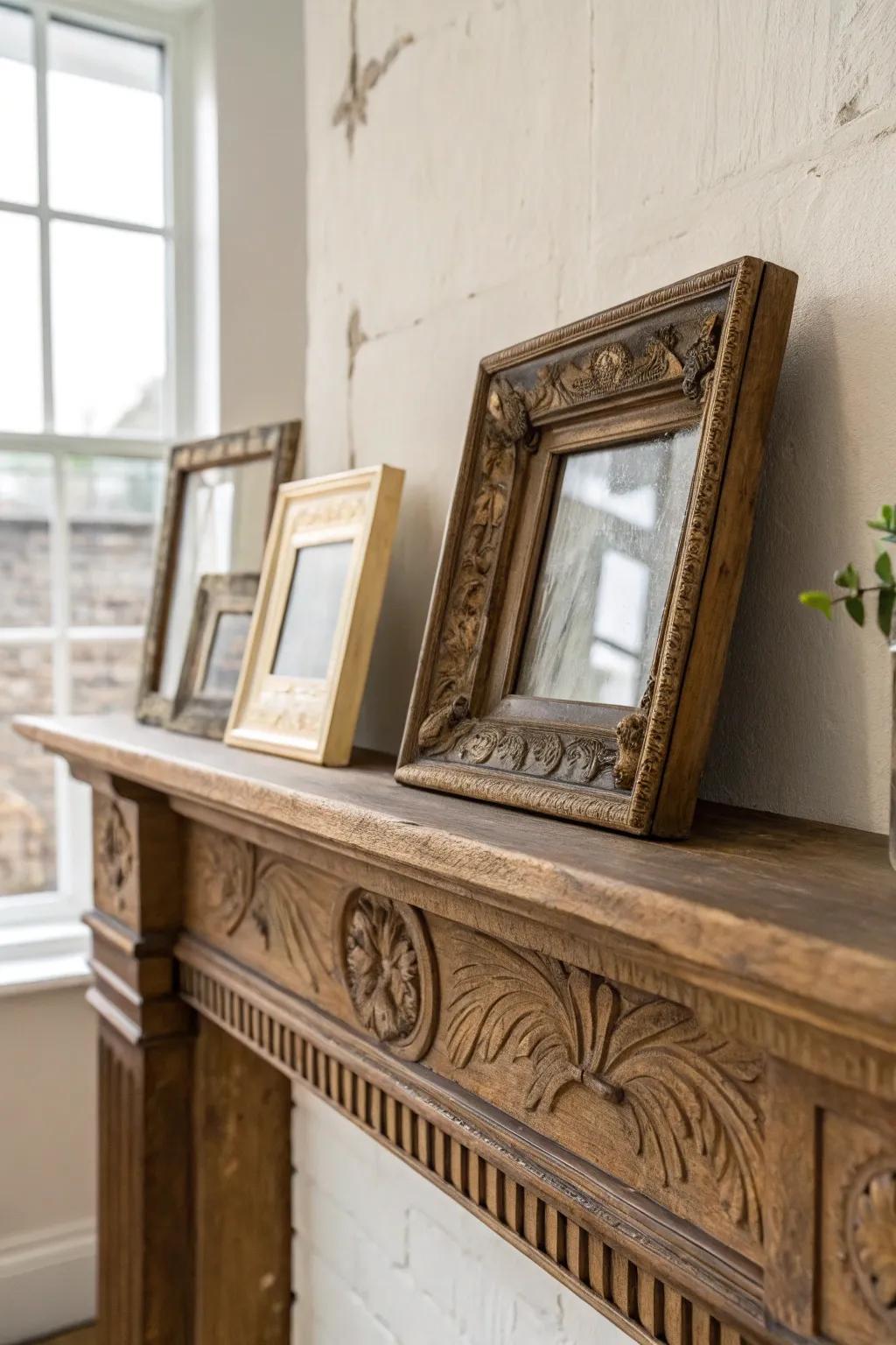 Stacked vintage frames on an antique mantel—easy, collected charm with natural patina.