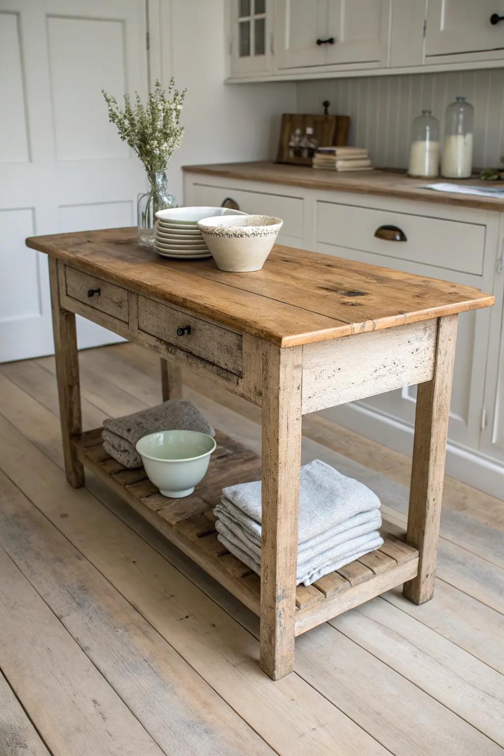 An old farm table island with a simple shelf—warm patina, airy storage, and timeless charm.
