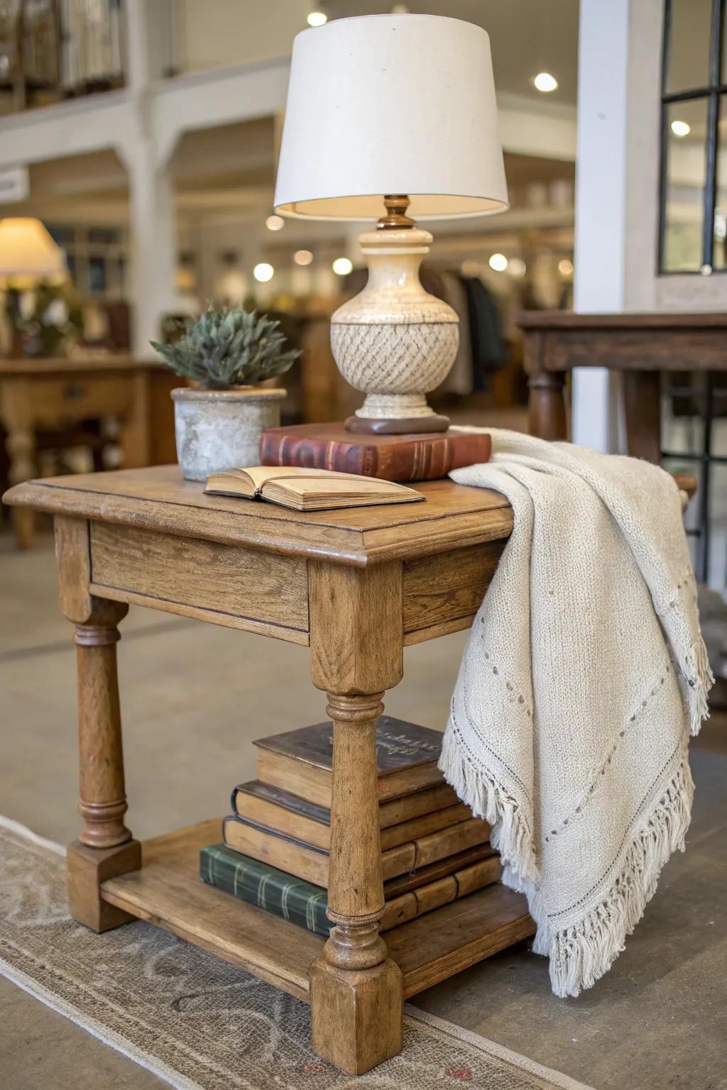 Stage a tiny living room: one side table, vintage books, and a soft throw—leave a clear walkway.