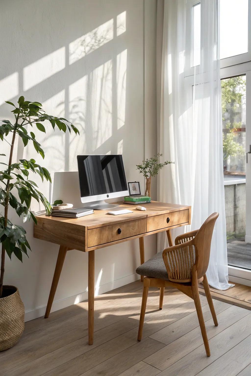 A window-facing built-in wood desk that floods a small apartment office with natural light.