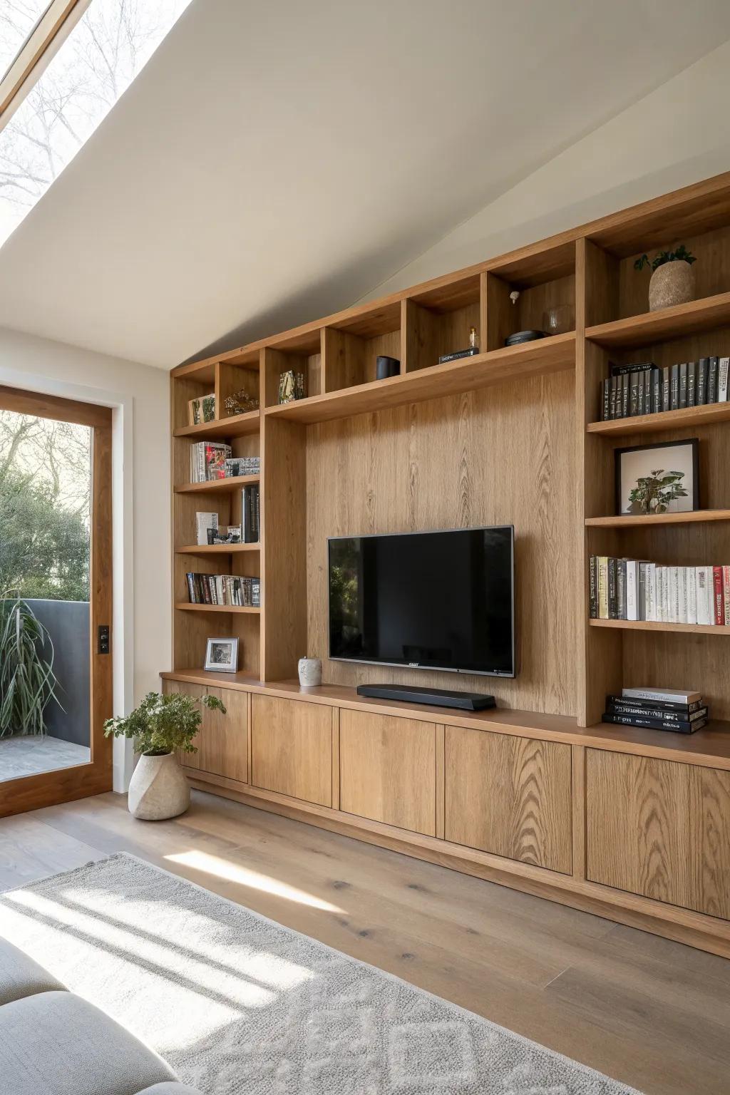 Stained pine built-ins wrap the TV with shelves and a bridge—an instant apartment library wall.